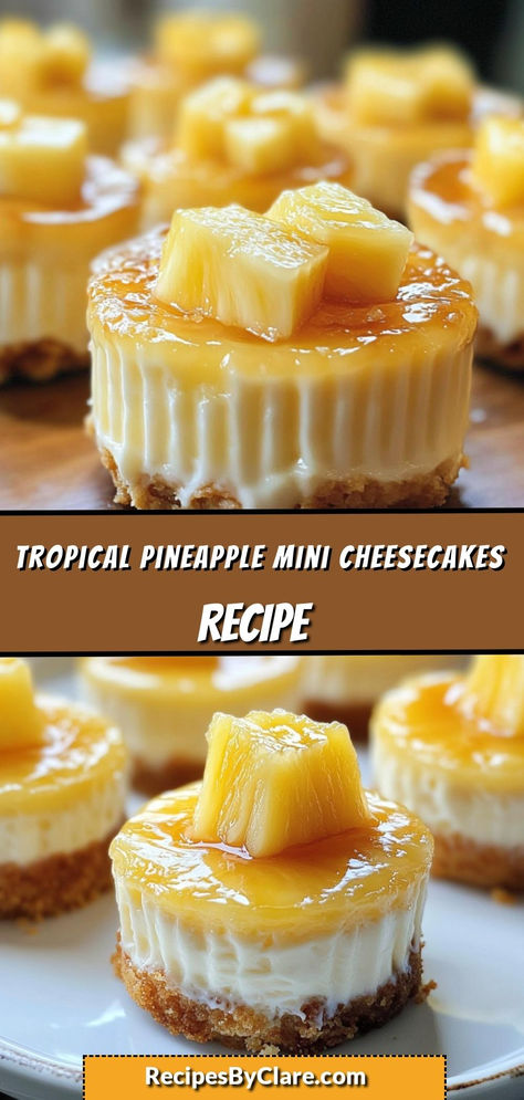 Indulge in these Mini Pineapple Cheesecakes, filled with crushed pineapple and topped with a sweet caramel drizzle. With a graham cracker crust and creamy filling, they’re the ultimate tropical dessert!

Ingredients:

16 oz cream cheese
1/4 cup melted butter
Pineapple chunks for topping
Chill for a few hours, and serve these mini cheesecakes as the perfect bite-sized tropical dessert! Mini Pineapple Cheesecake, Pineapple Cheesecake, Mini Cheesecakes Easy, Tropical Desserts, Mini Cheesecake Recipes, Pineapple Desserts, Pineapple Chunks, Cheesecake Cups, Small Treats