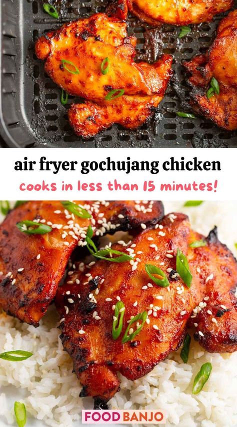 air fryer gochujang chicken thighs Gochujang Chicken Thighs, Air Fryer Recipes Asian, Air Fried Chicken Thighs, Asian Chicken Thighs, Air Fryer Recipes Chicken Thighs, Spicy Korean Chicken, Chicken Thighs Dinner, Gochujang Chicken, Air Fryer Chicken Thighs