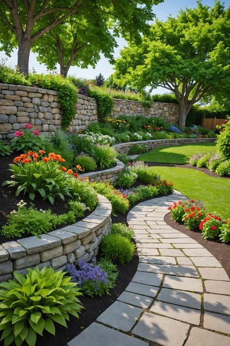 20 Retaining Wall Ideas For Front Yards - Toolz Geek Front Yard Retaining Wall Curb Appeal, Front Yard Stone Landscaping, House Front Garden Ideas, Hardscape Front Yard, Walled Garden Ideas, Flower Landscape Ideas, Front Yard Cottage Garden, Landscaping Front Yards, Terraced Landscape