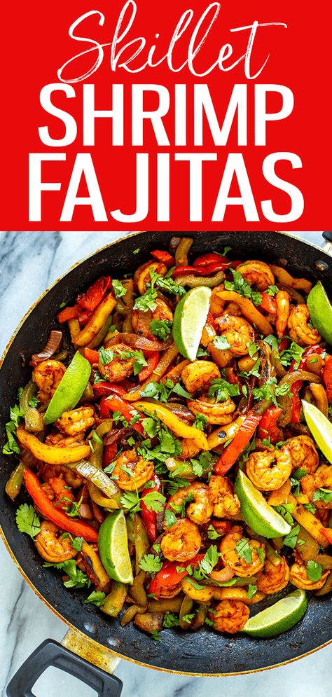 Easiest Skillet Shrimp Fajitas Shrimp Dinners, Shrimp Fajita Recipe, Skillet Shrimp, Homemade Fajita Seasoning, Shrimp Fajitas, Easy Skillet, Healthiest Seafood, Fajita Recipe, Meal Prep Bowls