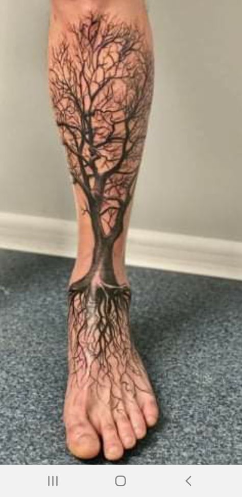 Tree On Ankle Tattoo, Nature Shin Tattoo, Tree Shin Tattoo, Tree Leg Tattoo Men, Mens Shin Tattoo, Norse Tree Of Life Tattoo, Shin Tattoo Men, Tree Leg Tattoo, Yggdrasil Tattoo