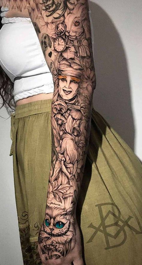 Arm Sleeve Themes For Women, Alice In Wonderland Sleeve Tattoo, Alice In Wonderland Sleeve, Tattoo Sleeve Themes, Alice In Wonderland Tattoo Sleeve, Mad Hatter Tattoo, Disney Sleeve Tattoos, Tim Burton Tattoo, Alice And Wonderland Tattoos