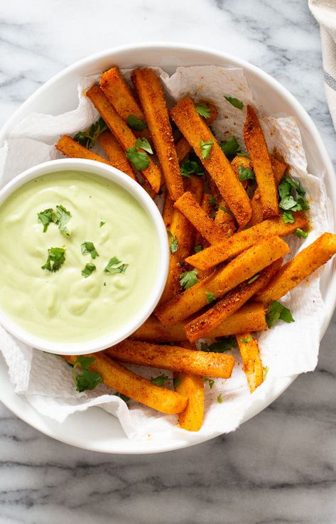 You will love these pan-fried Cajun chickpea fries made from chickpea flour. They are golden crispy brown on the outside and creamy, tender and delicious on the inside. Serve with my vegan cilantro lime dip for a fun glutenfree appetizer or party snack. #vegan #fries Glutenfree Appetizer, Lime Dip, Chickpea Fries, Chickpea Flour Recipes, Vegan Apps, Game Day Recipes, Vegan Fries, Vegan Richa, Vegan Chickpea