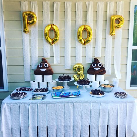 Poop Party Ideas, Poop Themed Birthday Party, Poop Party Ideas For Kids, Poop Birthday Party, Poop Emoji Party, Potty Party, Poop Party, Emoji Birthday Party, Train Cake