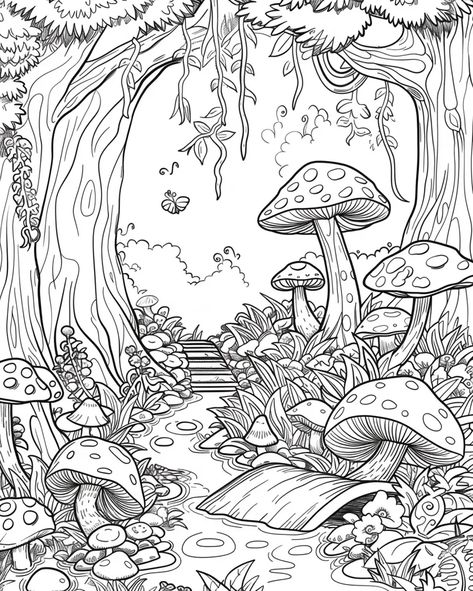 The picture looks like an illustration from a fairy tale book. It shows a dense forest with many different kinds of mushrooms. There is a small bridge over a river, and a butterfly is flying through the air. The trees are tall and have many branches, and the leaves are very detailed. There are also some small flowers growing in the grass. The picture is very peaceful and relaxing, and it makes you feel like you are in a magical place. Fairy Forest Coloring Pages, Mushroom Fairy Garden Drawing, Fairy Land Magical Forest Drawing, Colour Book Pages, Fairy Scene Drawing, Fairytale Forest Drawing, Forest Leaves Drawing, Mushroom World Drawing, Fairy Garden Drawing Ideas