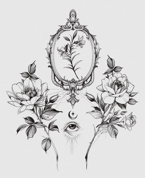 Cool Tattoo Designs Draw Simple, Tattoo Frame Design, Linework Flower Tattoo, Tattoo Flower Designs, Little Flower Tattoo, Diana Severinenko, Flowers Tattoo Design, Vintage Flower Tattoo, Flowers Tattoos