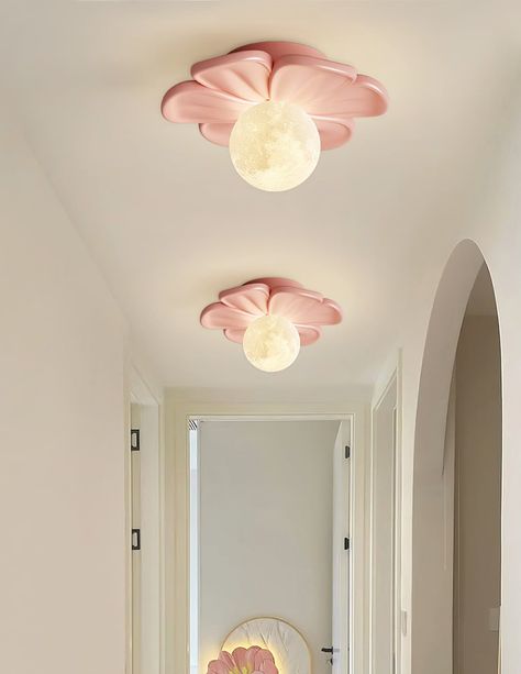 Cream Bloom Flower Ceiling Lamp Pink Bedroom White Furniture, Flower Inspired Interior Design, Flower Hanging Light, Welcome Room Decorations, Pink Home Decor Aesthetic, Flower Ceiling Decor, Unique Apartment Decor, Aesthetic Wall Decor Ideas, Ceiling Light Ideas