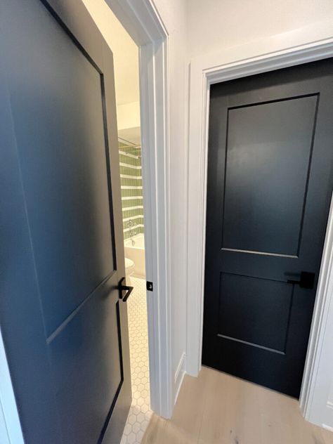 Sherwin Williams Eider White, Scandi Hallway, Interior Door Paint Colors, Interior Door Colors, Kylie M Interiors, Black Interior Door, Eider White, Raised Ranch, Dark Doors