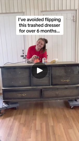 342K views · 15K reactions | Is this dresser too damaged to be saved?? | One of the most damaged pieces of furniture I’ve flipped to date… but also one of the most rewarding! 😍 | By Girlwithapowerdrill | I've avoided flipping this trash dresser for over six months but the transformation was well worth the wait. Now, this dresser just might be one of the most damaged pieces I've gotten my hands on but I was tired of looking at it. So, I knew it was time to get this flip over with. I mean, the back paneling was literally falling off and there were nicks and dings on every single corner and on every single drawer. The drawers are broken on some areas and this whole thing was just in dire need of full repair. Needless to say, let's give a round of applause for the MVP on this flip, Wood Bondo Cheap Dresser Ideas, Dresser Flip, Dresser Flips, Cheap Dresser, Furniture Dressers, Diy Furniture Flip, Black Dressers, Round Of Applause, Furniture Flips