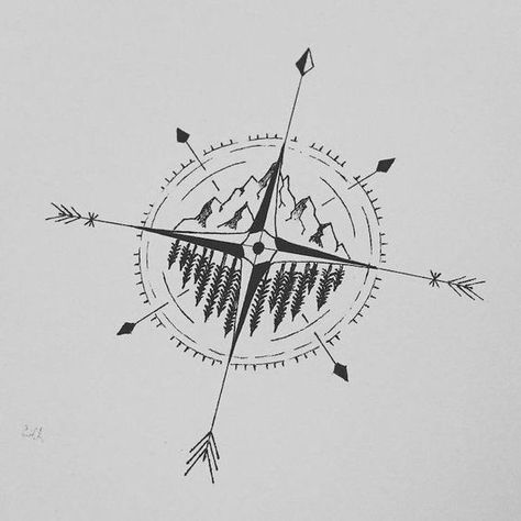 Tattoo Camping, Angle Drawing, Outdoor Hacks, Compass Tattoo Design, Kunst Tattoos, Muster Tattoos, Initial Tattoo, Tattoo Girls, Mountain Tattoo