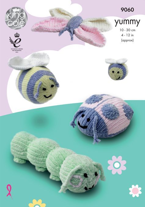 Yummy Bugs knitted with Yummy - King Cole #Caterpillar #Ladybird #Bee #Bumblebee #Butterfly Small Tortoise, Bug Toys, Knit Toys, Soft Toy Patterns, Crochet Baby Cardigan, Turtle Pattern, Toy Ideas, King Cole, Animal Patterns