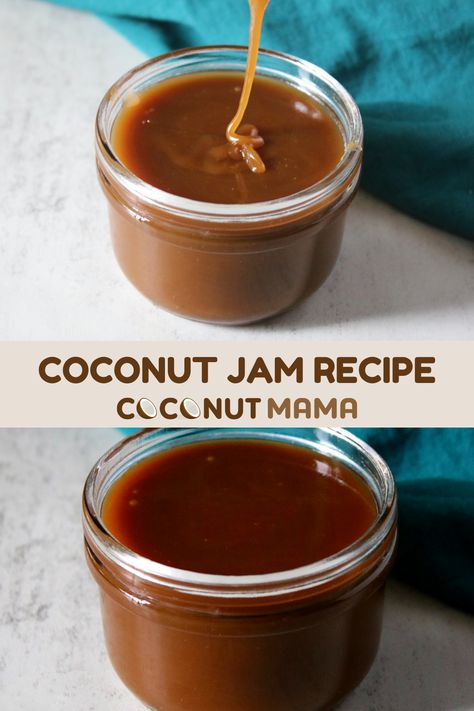 Homemade coconut jam is tasty spread that can be used as a topping on toast, filling for pastries or served with fruit. Jelly Canning Recipes, Clotted Cream Recipes, Recovery Recipes, Vegan Spreads, Butter Ideas, Pr Gift, Jam Butter, Coconut Jam, Coconut Candy