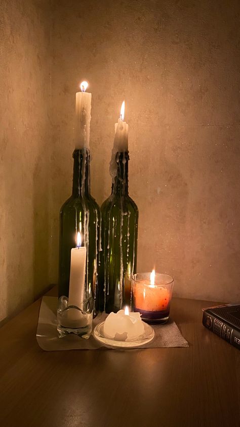 Bottles As Candle Holders, Candle Corner Bedroom, Candle Wine Bottle Aesthetic, Candles In Wine Bottles Aesthetic, Burning Candles Aesthetic, Candle Bottle Aesthetic, Candle In Wine Bottle Aesthetic, Candle On Bottle, Stick Candles Aesthetic