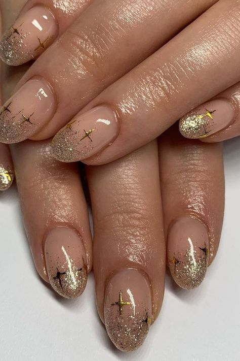 Gold Star Glitter Nails, Shimmer Tips Nails, Gold And Silver Sparkle Nails, Golden Glitter Nail Art, Gold Star Nails French Tip, Gold French Acrylic Nails, Sparkles Nail Art, Gold And French Nails, Gold Flake Tip Nails