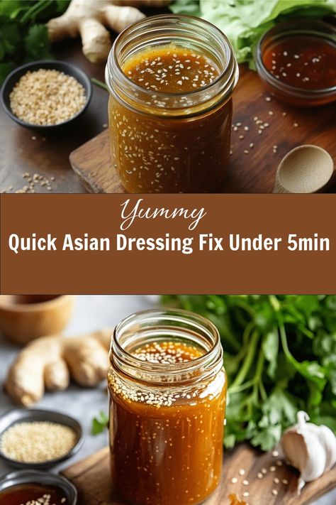 A jar of homemade Asian dressing topped with sesame seeds, surrounded by fresh herbs and ingredients, labeled "Quick Asian Dressing Fix Under 5min." Honey Sesame Dressing, Sesame Ginger Salad Dressing, Sesame Oil Dressing, Asian Vinaigrette Dressings, Hibachi Ginger Salad Dressing, Ginger Dressing Japanese, Asian Dressing Recipe, Asian Sesame Dressing, Ginger Salad Dressing