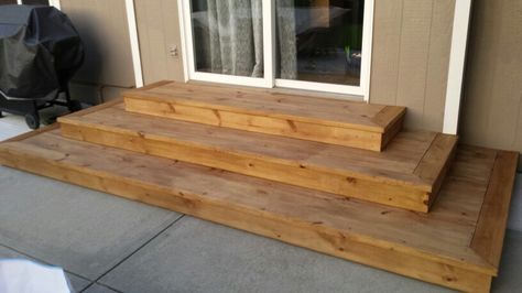 Wide tread wood steps. Wide Wooden Steps Outdoor, Wide Outdoor Steps, Outdoor Wood Steps Ideas, Wooden Patio Steps From House, Wood Patio Steps From House, Wide Steps Down To Patio, Wide Patio Steps, Porch Steps Ideas Wooden, Wooden Porch Steps