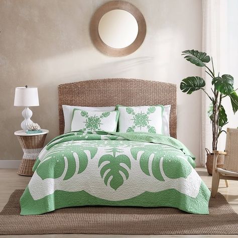 Tommy Bahama Molokai Cotton Quilt or Coordinating Shams - On Sale - Bed Bath & Beyond - 30657842 Quilt Green, Neutral Baby Quilt, Tropical Bedrooms, Tommy Bahama Home, Hawaiian Quilts, Green Quilt, Pillow Top Mattress, Tropical Leaf, Bedding Stores