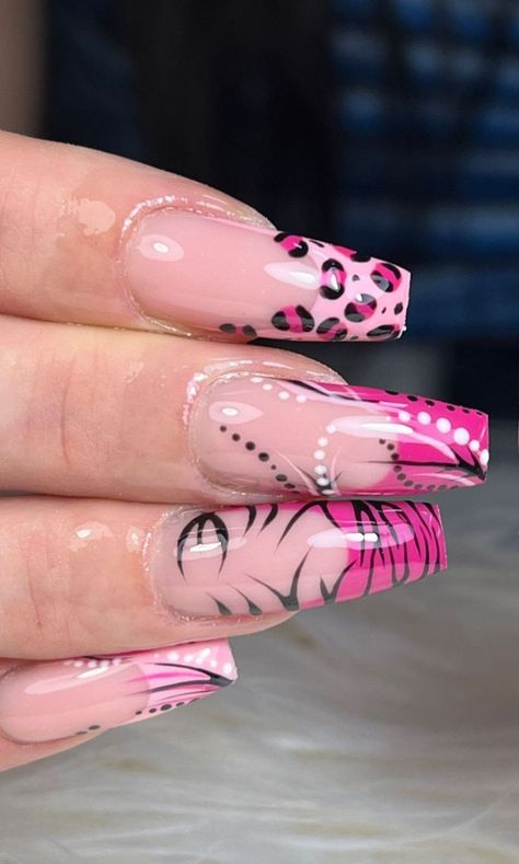 French Tip Animal Print Nails, Pink Cheetah Nails Y2k, Pink Leopard Print French Tip Nails, Nail Inspo Animal Print, Zebra And Leopard Nails, Y2k Nails Cheetah, Pink Tiger Print Nails, Pink Zebra Nails Y2k, Nail Ideas Animal Print