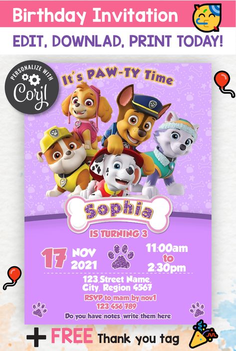 Planning a Paw Patrol Party? Click here to download! Contact us WhatsApp 00962781043337 Birthday Supplies, amazinginvite.com Paw Patrol Invitation, Paw Patrol Party, PJ Masks Birthday Invitation Template, Paw Patrol party ideas, Free Tag, Paw Patrol party decoration. #pawpatrolinvitation #pawpatrolparty #pawpatroltheme #pawpatrolcard Paw Patrol Invitations Free Template Editable, Paw Patrol Party Ideas, Paw Patrol Party Invitations, Paw Patrol Invitation, Paw Patrol Party Decorations, Birthday Party Invitations Free, Paw Patrol Birthday Invitations, Pj Masks Birthday, Free Tag