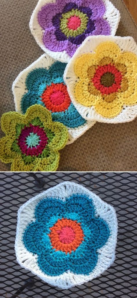 Amazing Hexagon Crochet Blanket Ideas. These vintage flowers in the pictures below give me a 70's vibe, right? The colors and sharp edges are so eye catching! What's more, each hexagon is about 8 inches across, so it's the perfect size to join them together and create a bigger project. However you can also use them separately as coasters. #freecrochetpattern #afghan #square Crochet Hexagon Flower Blanket, Hexagon Flower Crochet, 8 Inch Granny Square Crochet Pattern, Crochet Mini Granny Squares Free Pattern, Granny Hexagon Blanket, 70s Crochet Patterns Free, Hexagon Granny Square Pattern, Crochet Hexagon Flower, 70s Crochet Patterns