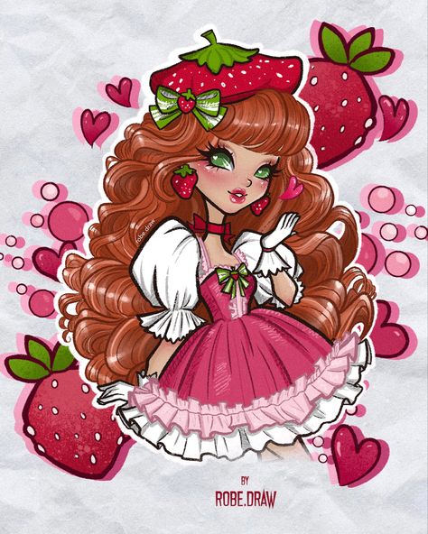 Cherry Jam Fanart, Strawberry Shortcake Fashion, Strawberry Girl Drawing, Strawberry Shortcake Fanart, Draw Strawberry, Fashion Illustration Drawing, Strawberry Shortcake Costume, Strawberry Shortcake Characters, Strawberry Shortcake Doll