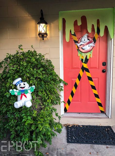 EPBOT: Our Ghostbusters Halloween Decorations: Full Reveal! Ghostbuster Halloween Door, Ghostbusters Outdoor Decorations, Ghostbusters Outdoor Halloween Decor, Ghostbusters House Decorations, Ghost Busters Decorations Diy, Ghost Buster Door Decoration, Ghostbusters Diy Decorations, Ghost Busters Halloween Decor, Ghostbusters Halloween Decor