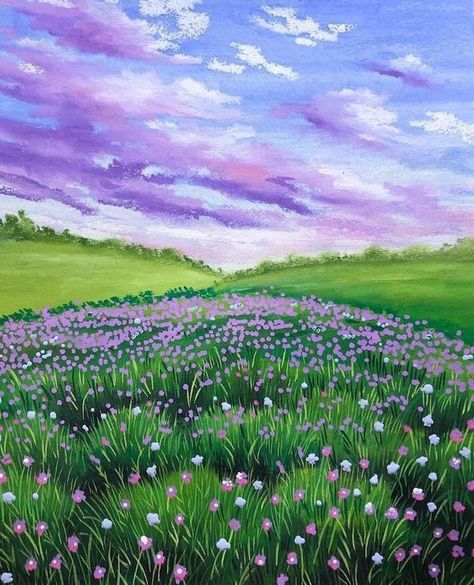 Pretty Painting Ideas On Canvas, Flower Field Painting Easy, Field Of Flowers Drawing, 18x24 Canvas Painting, Flower Field Painting, Sunset Canvas Painting, Ghibli Artwork, Simple Canvas Paintings, Landscape Art Painting