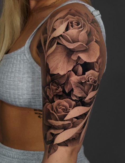 Tattoo Sleeve Roses Woman, Roses Tattoo Upper Arm, Roses Leg Sleeve Tattoo, Womens Rose Sleeve Tattoo, Full Sleeve Rose Tattoo For Women, Black Rose Tattoo Sleeve, Rose Sleeve Tattoos For Women, Rose Tattoos For Women Sleeve, Rose Arm Sleeve Tattoos For Women