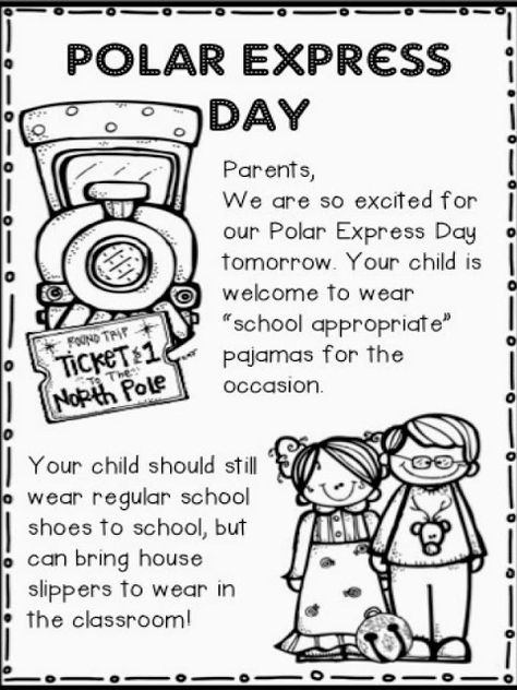 Polar Express activities:  FREE note home to parents about Polar Express PJ day. Cute idea. Polar Express Day, Polar Express Activities, Prek Christmas, Polar Express Theme, December Lessons, December Kindergarten, Polar Express Party, Kindergarten Christmas, Preschool Winter