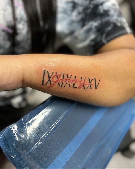 Roman Numerals And Name Tattoo, Rip Name Tattoos For Women, Roman Numeral With Name Tattoo, Name And Roman Numeral Tattoo, Roman Numeral Ankle Tattoo, Feminine Roman Numeral Tattoo Font, Roman Numeral Tattoo With Name, Roman Numeral With Name Inside Tattoo, Shoulder Tattoo Quotes