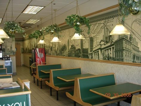 I remember when they had this color scheme as well as the wallpaper. Subway Restaurant, New Design Wallpaper, Restaurant Wallpaper, Nostalgia Wallpaper, Charlie The Unicorn, Wall Signage, Old Commercials, Nostalgia Core, Hallway Bathroom