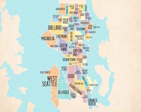 The neighbourhoods of Seattle - Vivid Maps Seattle Map, Interesting Maps, San Francisco Neighborhoods, Seattle Neighborhoods, Pacific Nw, West Lake, Yahoo Search, Lake City, Our World