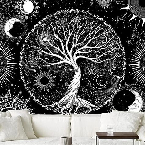 Amazon.com: AACKart Tree of Life Tapestry for Bedroom Aesthetic Room Decor-Black and White Tapestry Sun and Moon Tapestry Spiritual Tapestries Tree Tapestry Wall Hanging 59.1 x 51.2 inches : Home & Kitchen Tapestry For Bedroom, Tree Of Life Tapestry, Sun And Moon Tapestry, Trippy Room, White Tapestry, Trippy Room Decor, Tree Tapestry, Moon Tapestry, College Dorm Decorations