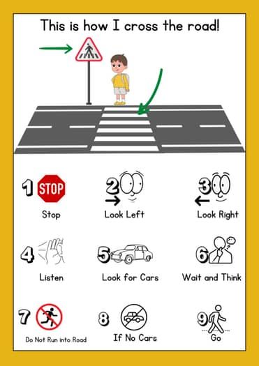 Crossing Street Road Safety Social Story Activities worksheet by Myteacher Road Safety Activities Preschool, Child Safety Activities, Grade School Activities, Road Safety Poster, Teaching Safety, Street Safety, Safety Rules For Kids, Transportation Preschool Activities, Fire Safety Preschool