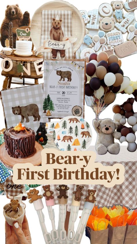 Welcome to the Beary First Birthday Inspiration Board, where adorable charm sets the scene for a beary special celebration!  Decoration Inspiration: Transform your space into a woodland wonderland with whimsical bear-themed decorations. Adorn the space with honeycomb balls, bear-shaped balloons, and a bear-shaped cake as the centerpiece. Consider using a color palette of brown, beige, and forest green to create a cozy and inviting atmosphere.  Food Inspiration: Keep the food simple and whimsical with bear-shaped sandwiches, honey-flavored treats, and a "bear-y" sweet cake adorned with fondant bears or paw prints. Consider setting up a honey tasting station with different varieties for guests to enjoy and take home as favors.  Favor Inspiration: Send guests home with adorable bear-themed f Lumberjack 1st Birthday, Beary First Birthday, Diy Kids Party, One Happy Camper, First Birthday Invite, Birthday Inspiration, Woodland Bear, 1st Birthday Themes, Birthday Party Crafts