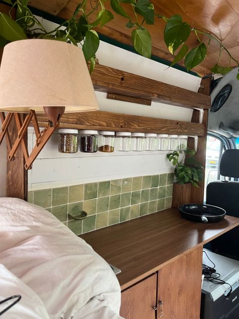 Campervan Green Interior, Sage Green Camper Van Interior, Green Van Interior, Van Life Plants, Camper Van Kitchen Ideas, Camper Van Makeover, Small Van Life Interior, Van Camping Ideas, Green Caravan