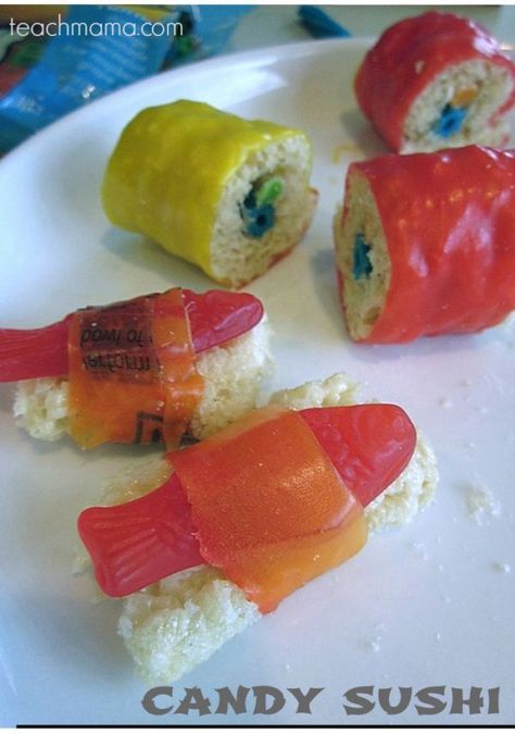 These candy sushi rolls are so much fun to make with kids! Use them as an April Fools' joke or as a fun party treat! They taste as yummy as they look! I like to use these for a fun kids party treat for some added fun with the kids getting to make them! #teachmama #candysushi #sushi #sweettooth #foodforkids #funfoodideas #partyfood #candy #candyideas #partytime Candy Sushi Rolls, Kinds Of Sushi, How To Make Candy, Candy Sushi, Swedish Fish, Fruit Roll, Fruit Roll Ups, Rice Krispie Treats, Sushi Rice