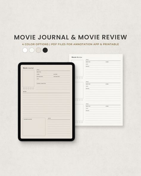 Excited to share the latest addition to my #etsy shop: Movie Review and Movie Journal Digital Planner Template for Goodnotes on Ipad, Printable Letter PDF, Minimal Beige Dark Digital Pages #moviejournal #movielover #moviereview #movielog #movietracker #tvseriestracker #notabilityplanner Movie Journal Digital, Movie Journal Template, Movie Review Template, Movie Review Journal, Beige Paper Texture, Movie Planner, White Paper Texture, Series Journal, Movie Library