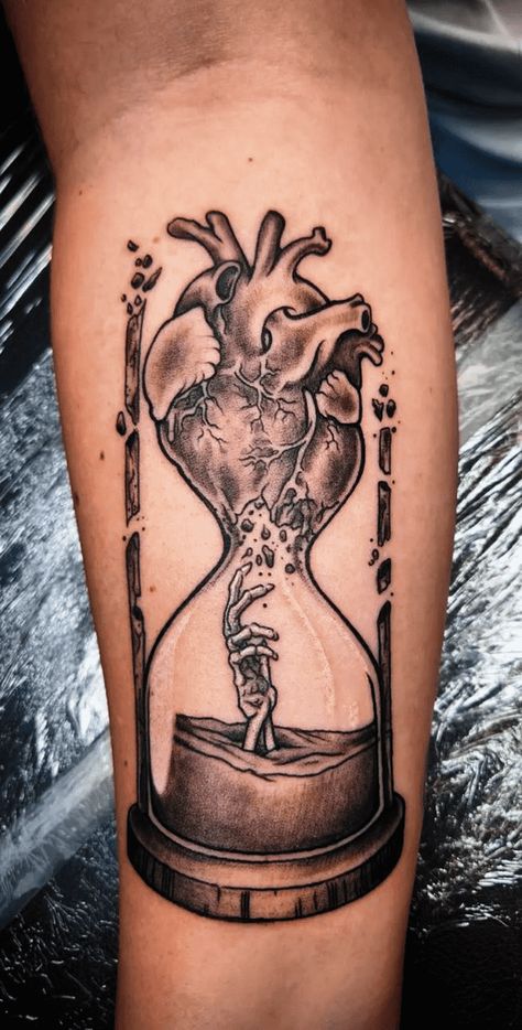 Hands Of Time Tattoo, Dark Hourglass Tattoo, Hourglass Heart Tattoo, Hour Glass Tattoos For Women, Skull And Heart Tattoo, Sand Clock Tattoo, Hourglass Tattoo Ideas, Goose Tattoos, Hourglass Tattoo Design