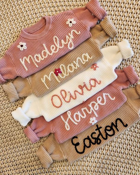 Embroidered Name Sweater, Pregnant Ideas, Baby Name Sweater, Hand Embroidered Name, Embroidery Yarn, Name Sweater, Custom Baby Gift, Personalized Sweater, Custom Baby Gifts