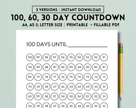 100, 60, 30 Day Countdown Printable Template, Countdown Calendar, Countdown to Christmas, Vacation, Wedding, Holiday, Birthday, Kids, Baby by PixelAndPaperInk on Etsy 100 Day Countdown Printable, 30 Day Countdown, 100 Day Countdown, Vacation Wedding, High School Life Hacks, Day Countdown, High School Life, Birthday Kids, Hole Punches