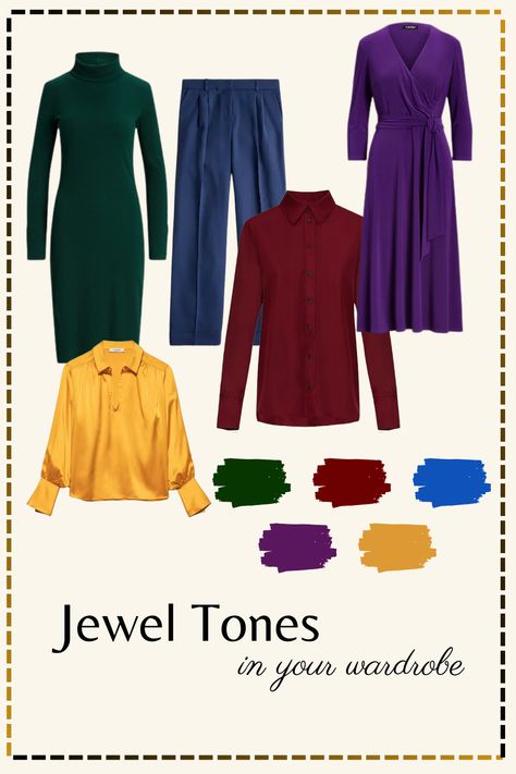 Bold Jewel Tone Basics to Elevate Any Wardrobe Jewel Tone Wardrobe Palette, Jewel Toned Wardrobe, Jewel Tones With Neutrals, Jewel Toned Dresses, Jewel Tone Outfits Fall, Winter Jewel Tones, Jewel Tone Wardrobe, Jewel Tone Clothes Aesthetic, Jewel Tone Clothing