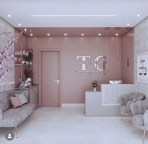 Lash Studio Decor Interior Design Luxe, Blush Pink Esthetician Room, Salon Suite Waiting Area Ideas, Elegant Esthetician Room, Salon Kitchen Ideas, Pink Spa Esthetic, Spa Selfie Wall, Studio Makeup Design, Nail Salon Decor Ideas Interior Design