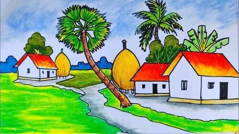 Easy Drawing for children and teachers Village Drawing Easy, Easy Drawing For Children, Village Scenery Drawing, Drawing For Kids Easy, Drawing For Children, Scenery Drawing For Kids, Village Scenery, Village Drawing, Oil Pastel Colours