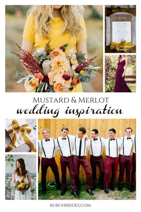 Merlot & Mustard Yellow Wedding Inspiration from Burgh Brides Merlot Wedding, Mustard Yellow Wedding, Mustard Wedding, Yellow Wedding Colors, Yellow Wedding Inspiration, Yellow Wedding Theme, Pretty Bridesmaid Dresses, Wedding Yellow, Classic Wedding Hair