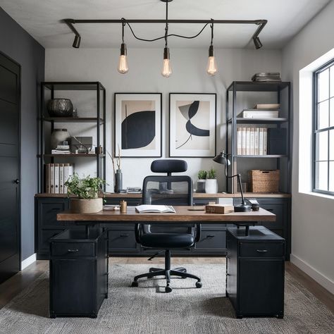 Modern Men’s Apartment 🖤🖤💖 Office Masculine Modern, Black Accent Office, Small Workroom Ideas, Men Desk Decor Office Ideas, Small Office For Men, Mens Office Art, Men’s Home Office Design, Mancave Office Ideas Small Room, Husband Office Decor Ideas