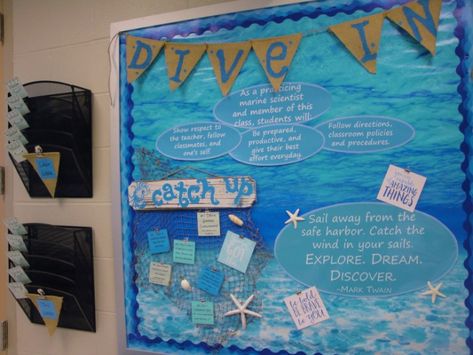 Dive In Bulletin Board (with make up work station) (800x600) Beach Themed Classroom, Quotes For The Classroom, Middle School Classroom Themes, Ocean Bulletin Board, Ocean Classroom Decor, Beach Theme Classroom, Kids Bulletin Boards, Nautical Classroom, Ocean Classroom