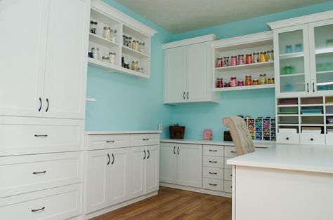 A Place for Everything - A Colorful Craft Room - Transitional - Home Office - Indianapolis - by California Closets of Indianapolis | Houzz Closet Craft Room, Colorful Craft Room, Koala Sewing Cabinets, Scrapbooking Rooms, Pear Photography, Downstairs Ideas, Quilt Room Organization, Sewing Studios, Kitchen Desk Areas