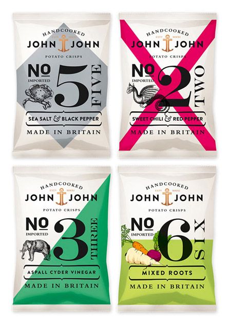 John John Crisps Packaging by Peter Schmidt Group Chips Packaging, Chip Packaging, Graphic Design Collection, Cool Packaging, Vintage Packaging, John John, Graphic Design Packaging, Pretty Packaging, Creative Packaging