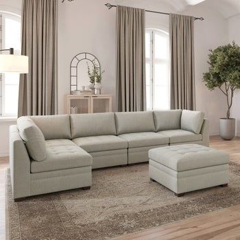 Thomasville Tisdale Modular Sectional 6-piece Beige with Storage Ottoman Sectional With Storage Ottoman, Sectional With Storage, Ottoman Modern, Queen Room, Family Room Decorating, Living Room Collections, Apartment Furniture, Modular Sectional, Modular Design